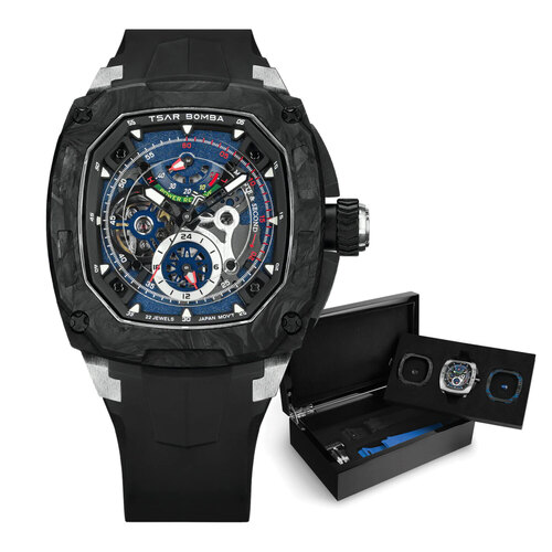 Мъжки часовник TSAR BOMBA Dark Matter 2 Carbon Fiber Blue Set TB8602-01